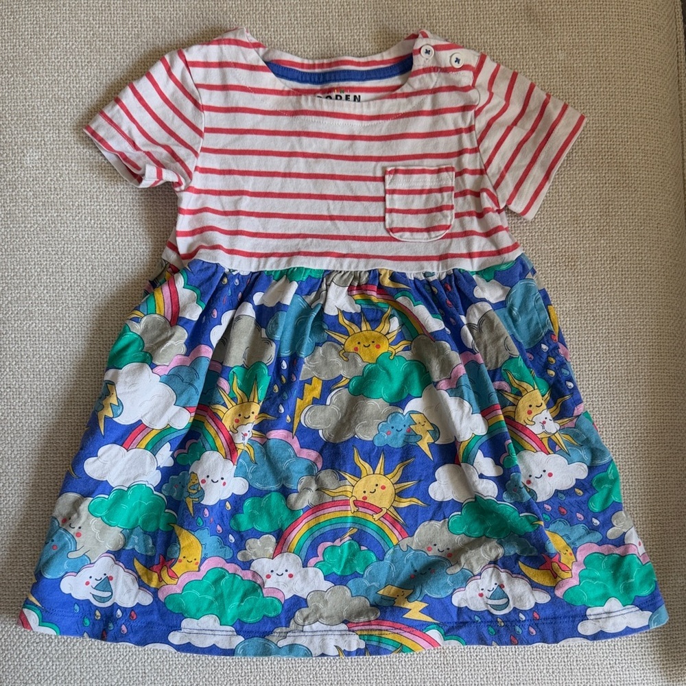 Mini Boden Short Sleeve Hotchpotch Jersey Cotton Dress Rainbows and Sun Clouds